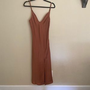 Rust Colored Satin Midi Slip Dress with Slit